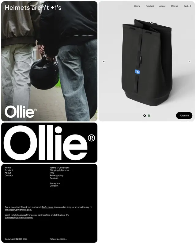 Ollie safety helmet brand website, minimal, light-mode, dark