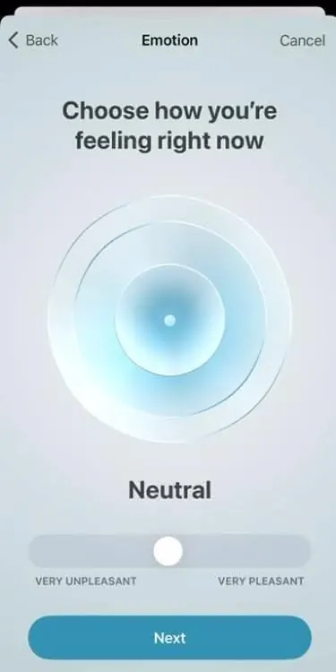 Concentric-gradient emotion-scale picker UI, minimal, gradient-heavy, light