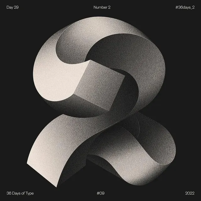 36 Days of Type sculptural number 2, 3d-render, monochrome, dark