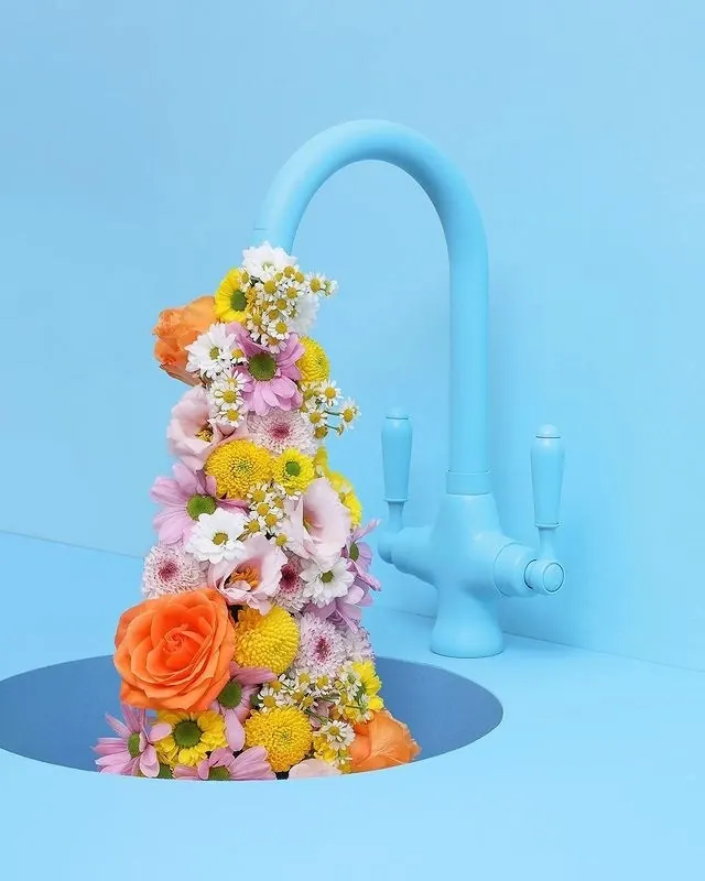 Floral Water Tap Composition, 3d-render, organic, vibrant