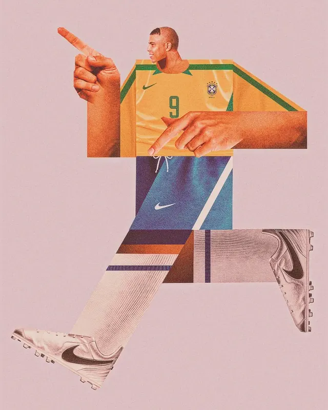 R9 geometric soccer collage, illustrated, photographic, warm