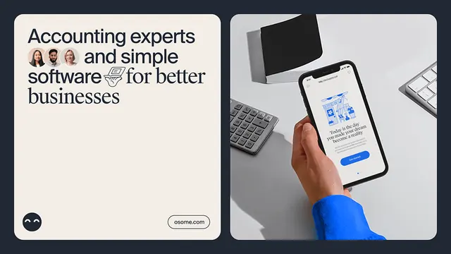 Fintech app two-panel marketing layout with product mockup, corporate-clean, minimal, light