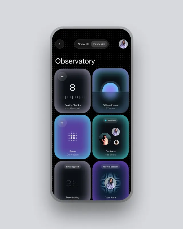 Dark mobile dashboard with gradient card modules, dark-mode, minimal, dark