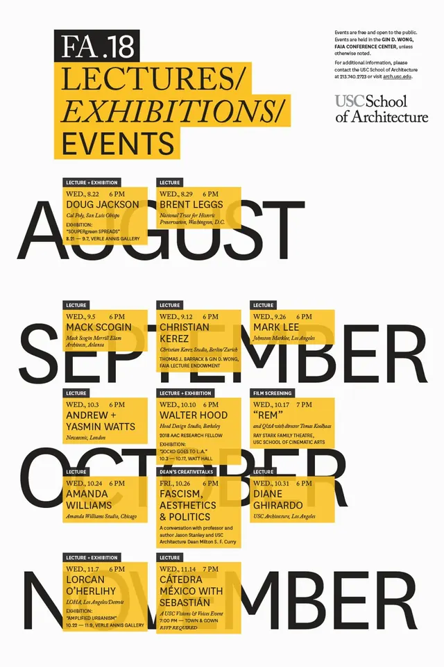 USC Architecture FA.18 lecture poster, Swiss grid, swiss, brutalist, dark
