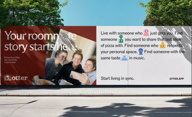 Roommate lifestyle billboard with photo and copy, minimal, corporate-clean, light