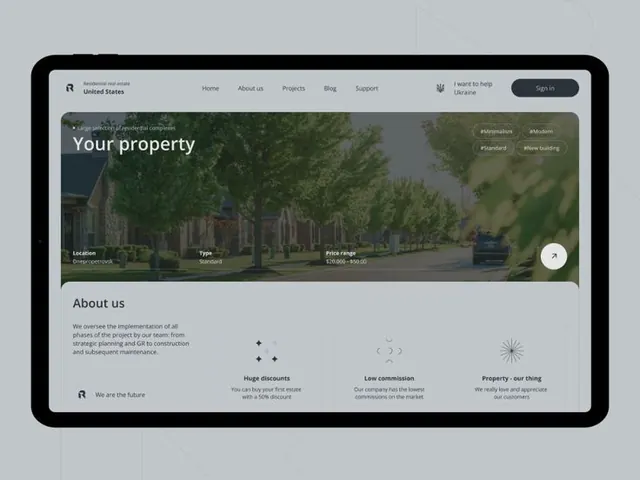 Real estate web UI in laptop mockup, minimal, corporate-clean, light