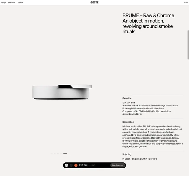 BRUME product page with split layout, minimal, corporate-clean, light