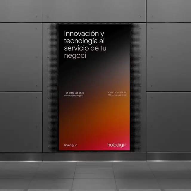 Holadigi poster with warm gradient and halftone edges, minimal, corporate-clean, dark
