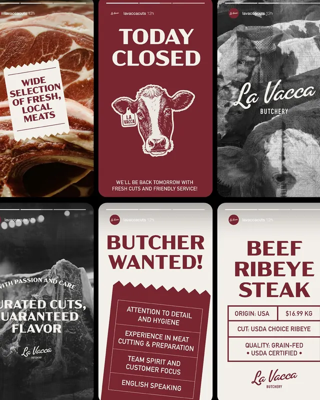 Butcher shop social marketing collage, editorial, boxed, high-contrast