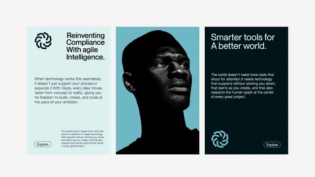 Three-column corporate layout with portrait and icon, minimal, corporate-clean, dark