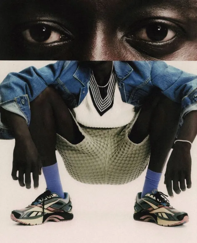 Collage Portrait with Sneakers, maximalist, brutalist, high-contrast