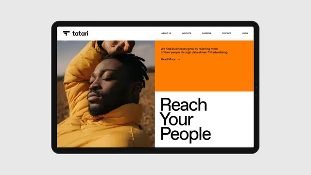 Tatari hero: split image and colored content block, minimal, corporate-clean, warm