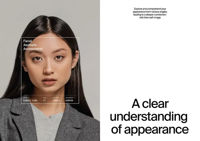 Facial assessment UI overlay on portrait, minimal, technical, muted