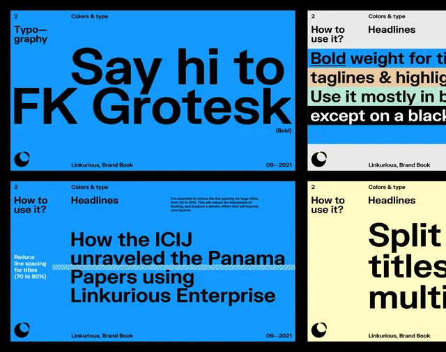 Linkurious brand book typography pages, corporate-clean, vibrant