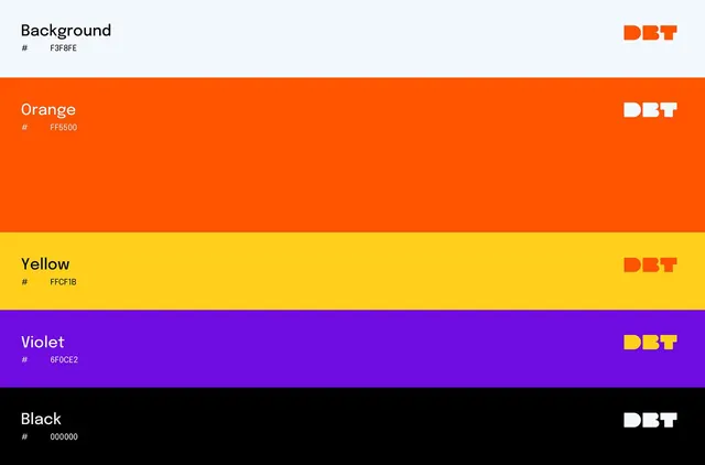 Bold color palette specimen with primary colors, flat, technical, vibrant