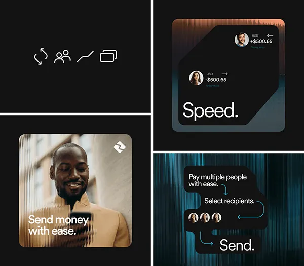 Fintech payment app dark UI screen, dark-mode, minimal, dark