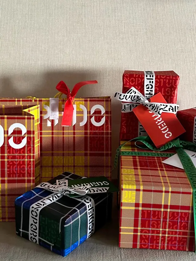Tartan gift box styling and flat-lay, geometric, playful, warm