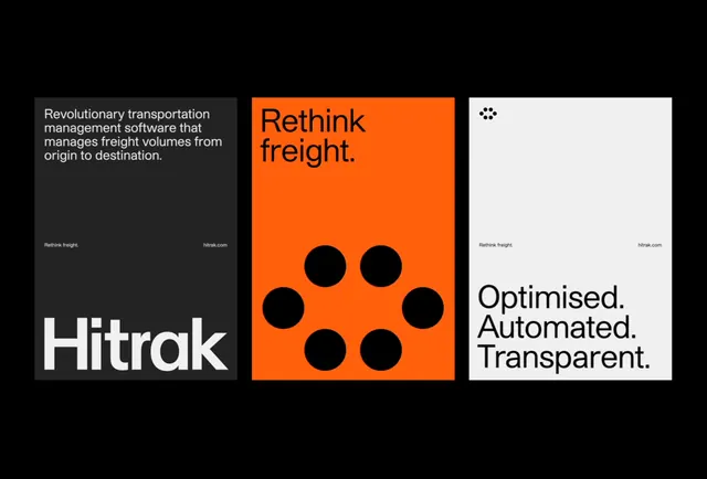Hitrak branding three-panel system, corporate-clean, dark