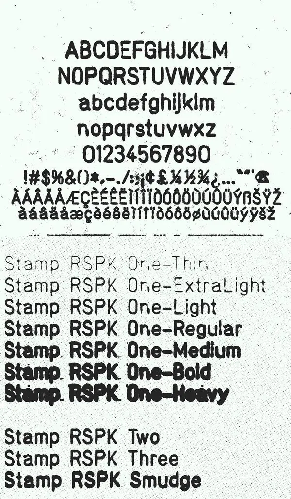 RSPK One typeface specimen sheet, technical, minimal, light