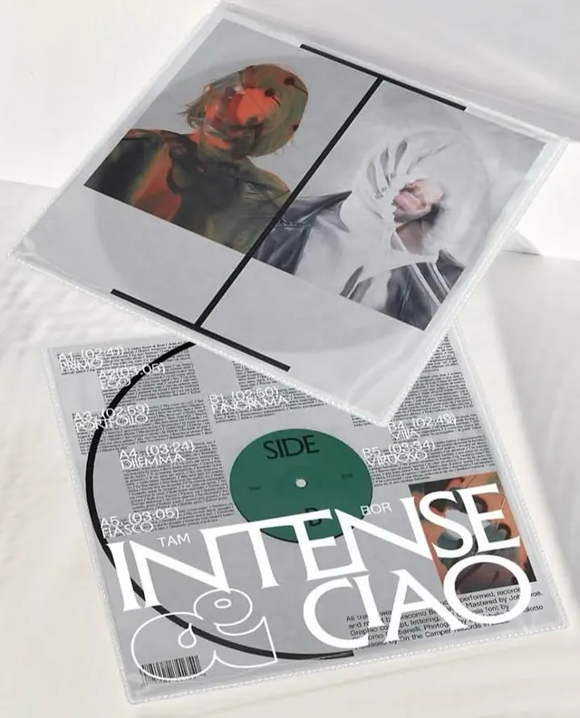 Album cover: distressed-type graphic over color-separated portraiture, minimal, neo-brutalist, dark