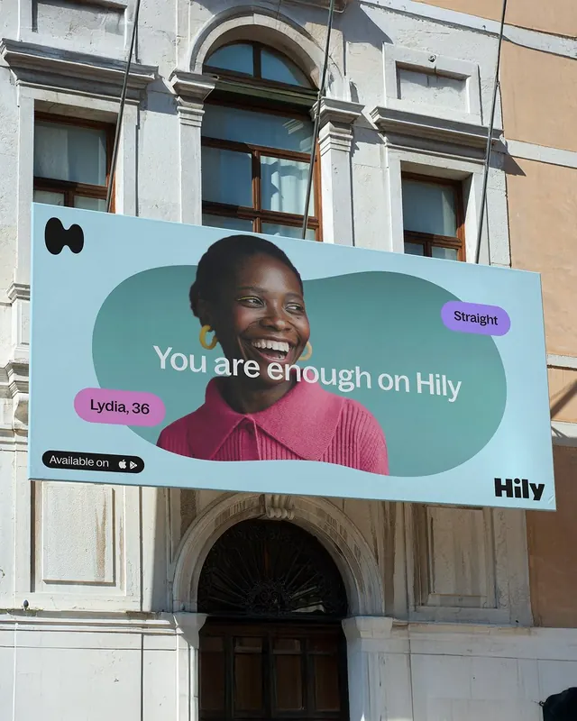 Inclusive dating app billboard with organic shapes, minimal, playful, cool