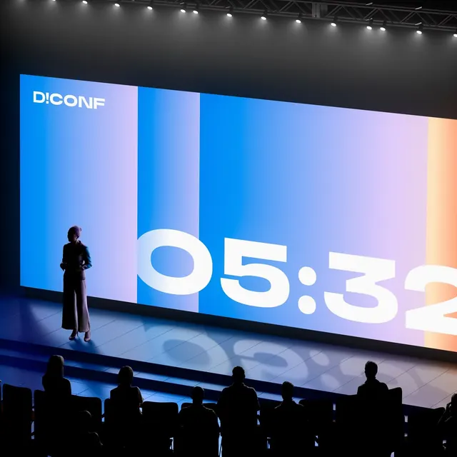 Conference keynote screen with gradient and live time display, minimal, corporate-clean, dark