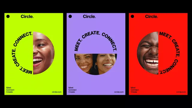 Circle: vibrant three-panel campaign identity, minimal, gradient-heavy, dark