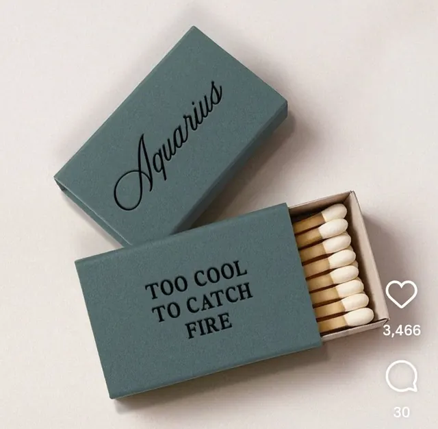 Aquarius matchbox set with witty tagline, minimal, playful, muted