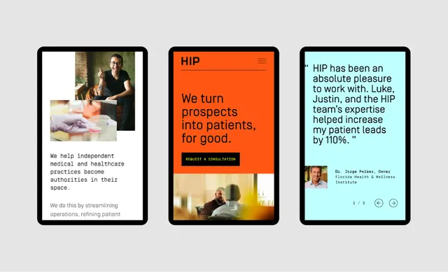 HIP medical services three-panel case study layout, minimal, corporate-clean, dark