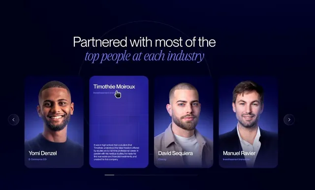 Team testimonial carousel with portrait grid, corporate-clean, minimal, dark