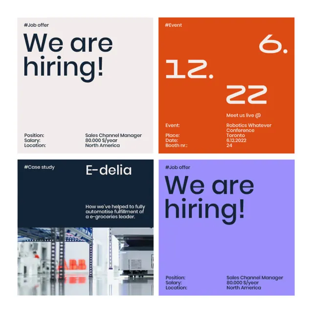 Multi-card recruitment and event announcement grid, minimal, corporate-clean, light
