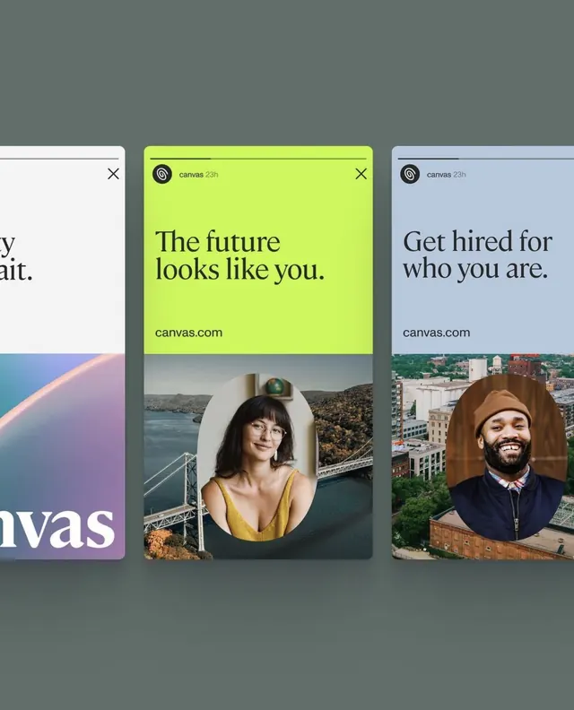 Canvas app marketing cards with user portraits, minimal, light-mode, light