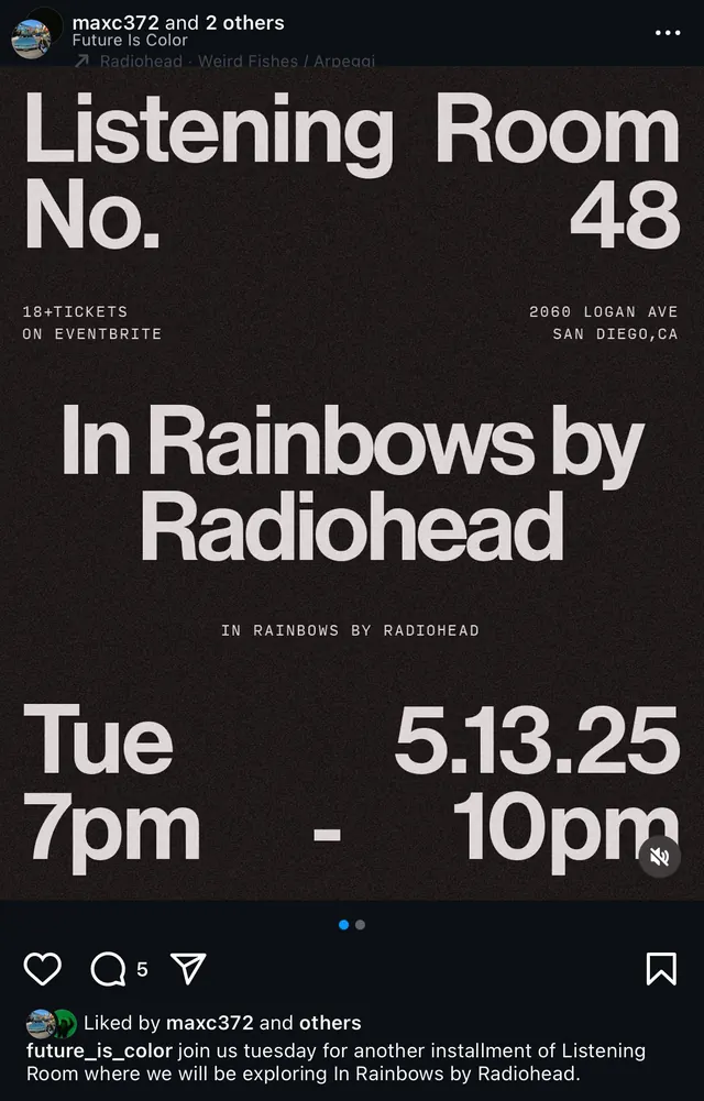 Listening Room event poster (Radiohead), minimal, brutalist, dark