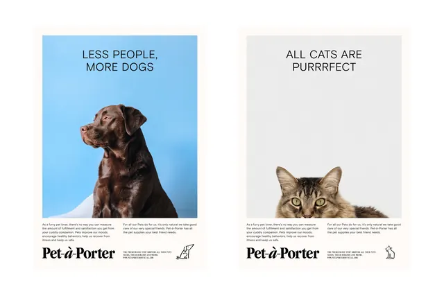 Pet-à-Porter dual-animal comparison cards, minimal, photographic, light