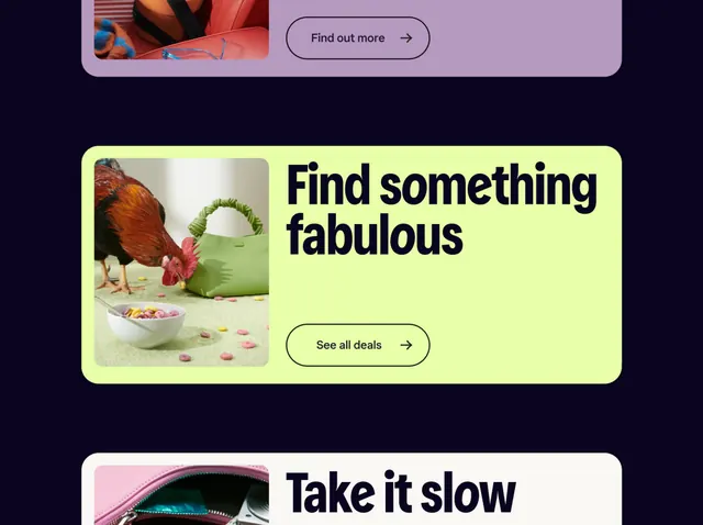Pastel card-grid ecommerce layout, minimal, playful, light