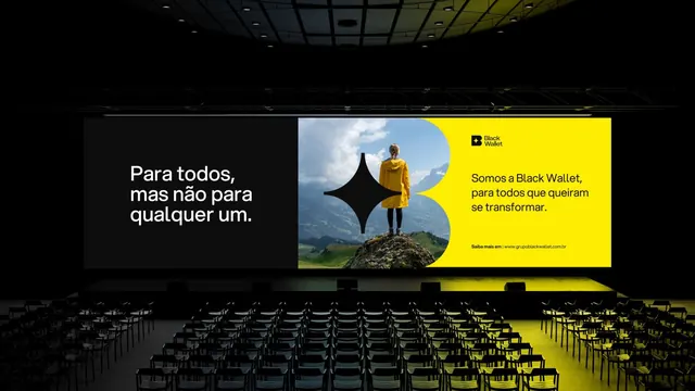 Black Wallet split-screen theater display campaign, minimal, dark-mode, dark