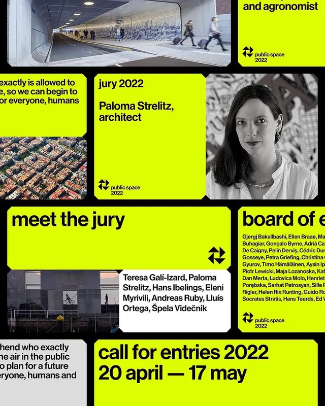Art exhibition event grid poster with bright yellow accent, minimal, geometric, dark