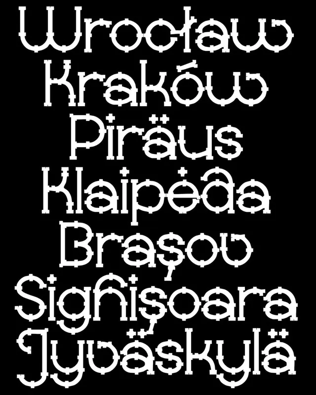 Modular pipe city name list, technical, geometric, monochrome
