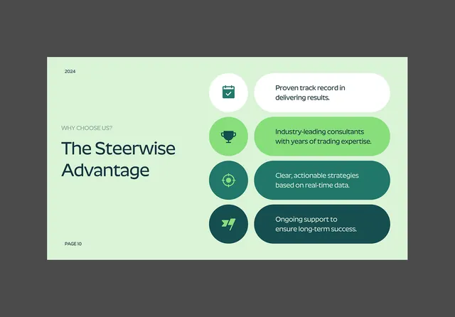 Steerwise consulting slide with mint-green benefits callouts on dark background, corporate-clean, flat, dark
