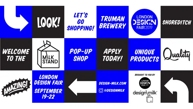 Design Fair grid poster with electric blue and high-contrast typography, minimal, geometric, dark