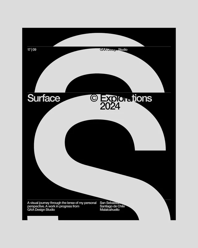 Surface Explorations poster with stacked S-curves, minimal, swiss, dark