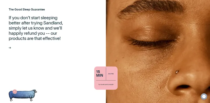 Sleep aid advertisement with guarantee text and close-up skin photography, minimal, organic, light