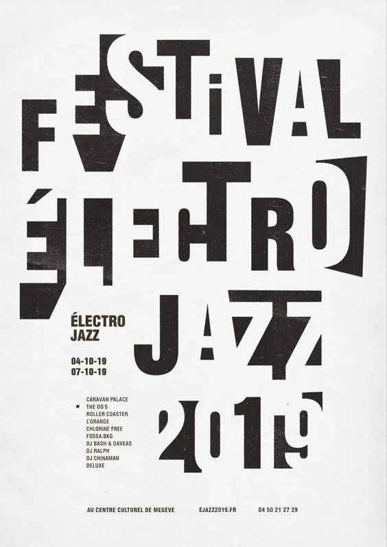 Rotated condensed-type festival poster, editorial, geometric, dark