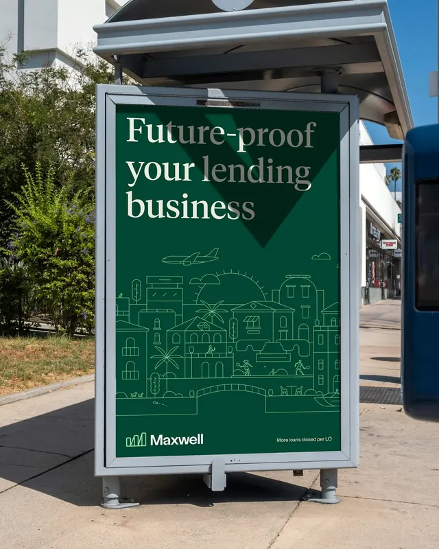 Maxwell lending brand dark-green billboard with cityscape line art, corporate-clean, minimal, dark