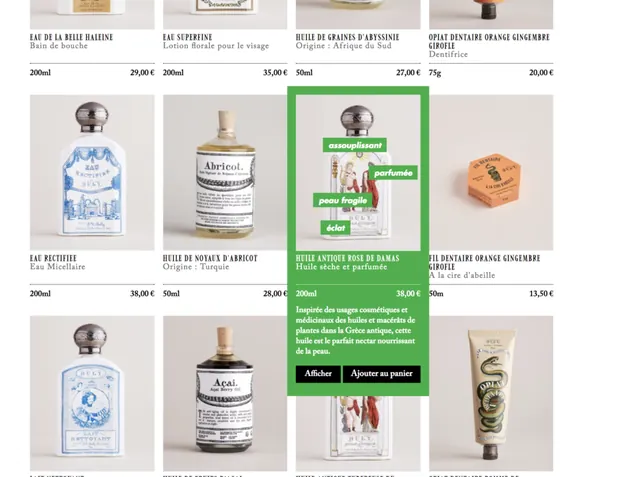 Luxury beauty catalog grid with glass bottles and natural green accents, minimal, luxury, light