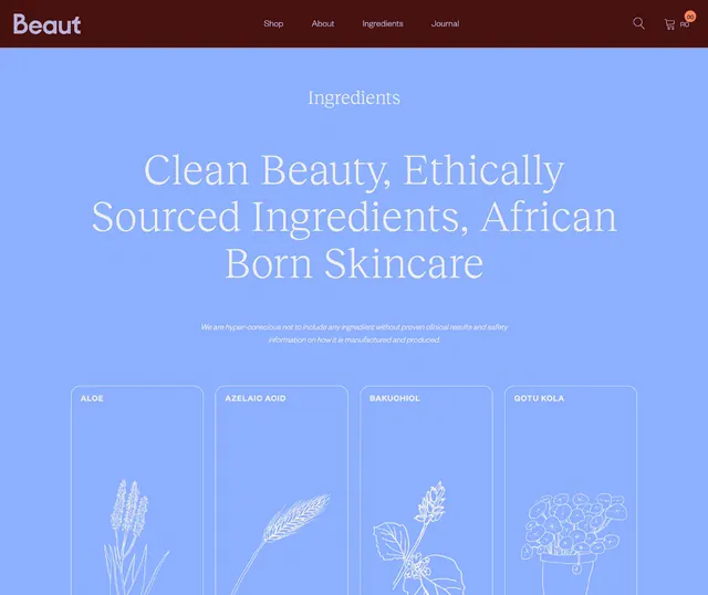 Periwinkle beauty brand hero with ingredient icons, minimal, organic, cool