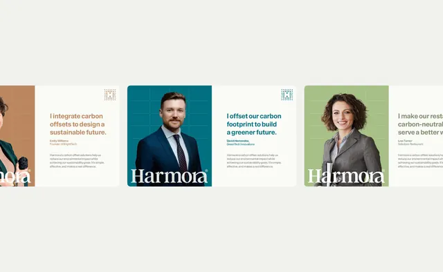 Harmora carbon-offset testimonial grid, minimal, corporate-clean, light