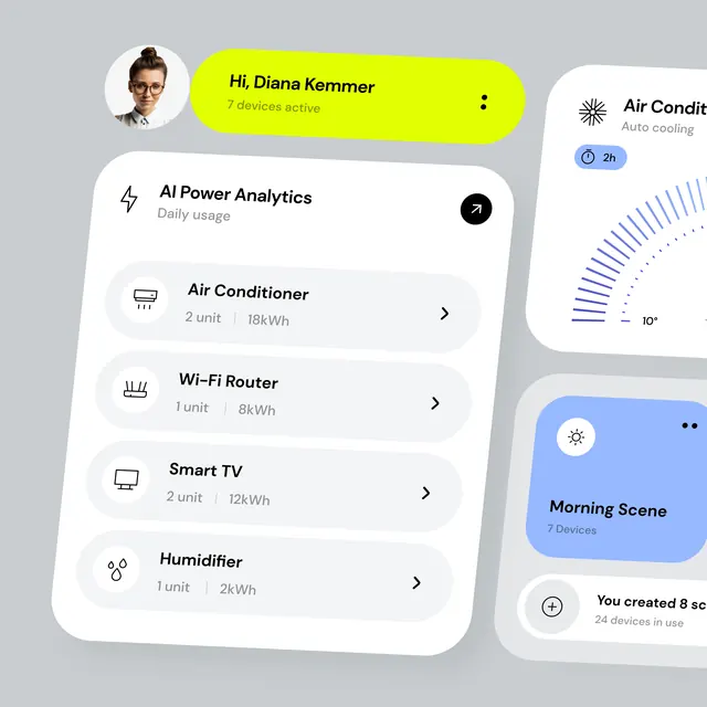 Smart home energy dashboard UI, minimal, flat, light
