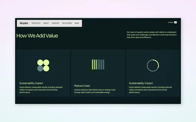 Dark consulting landing page with three service icons, corporate-clean, dark-mode, dark