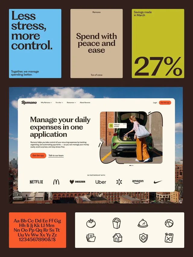 Remono fintech product pitch collage, corporate-clean, technical, high-contrast